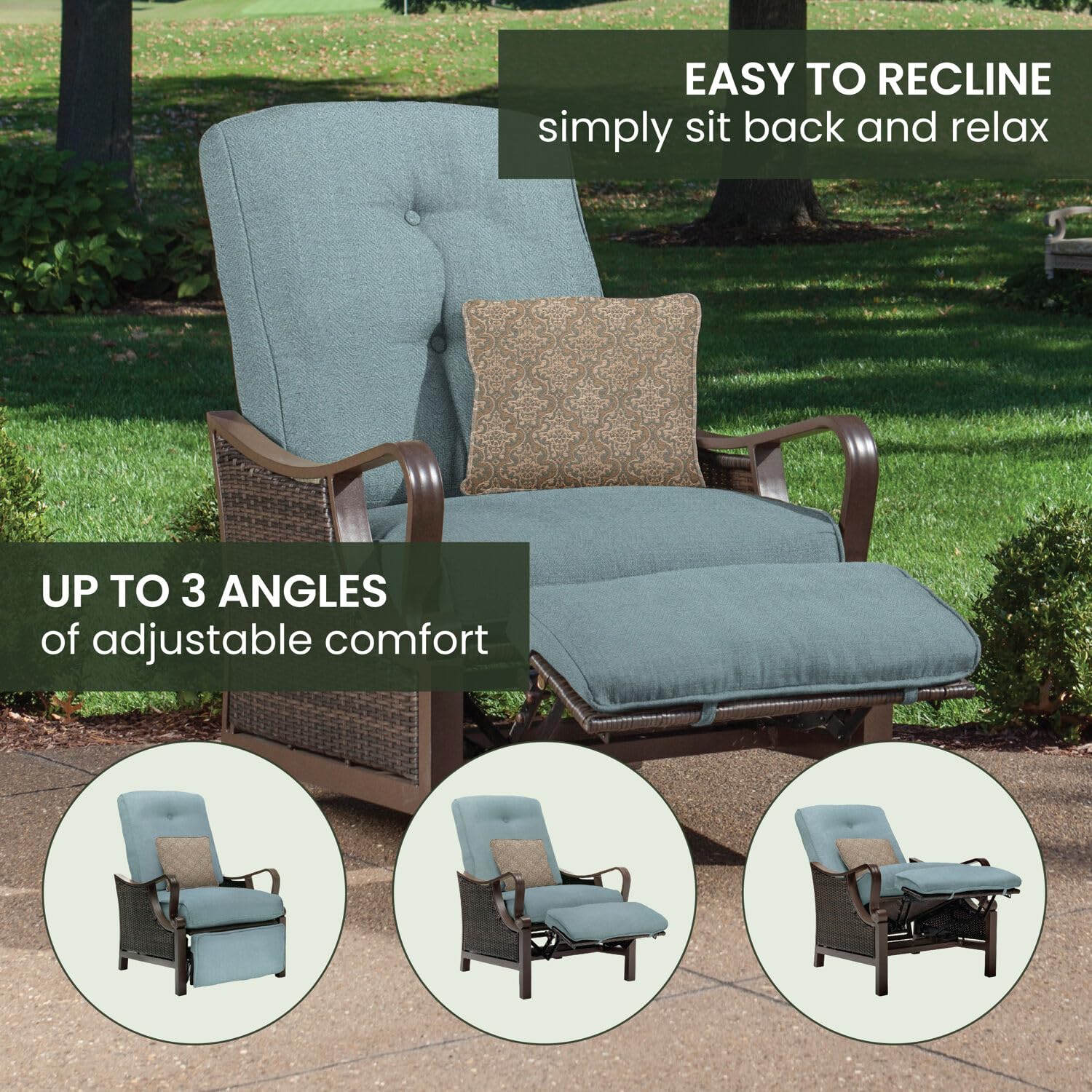 Hanover Ventura Brown Wicker Outdoor Recliner Chair with Cushions & Accent Pillow - All-Weather Patio Lounge Chair with Rust-Resistant Steel Frame - Perfect for Deck, Backyard, Poolside & Garden Relaxation