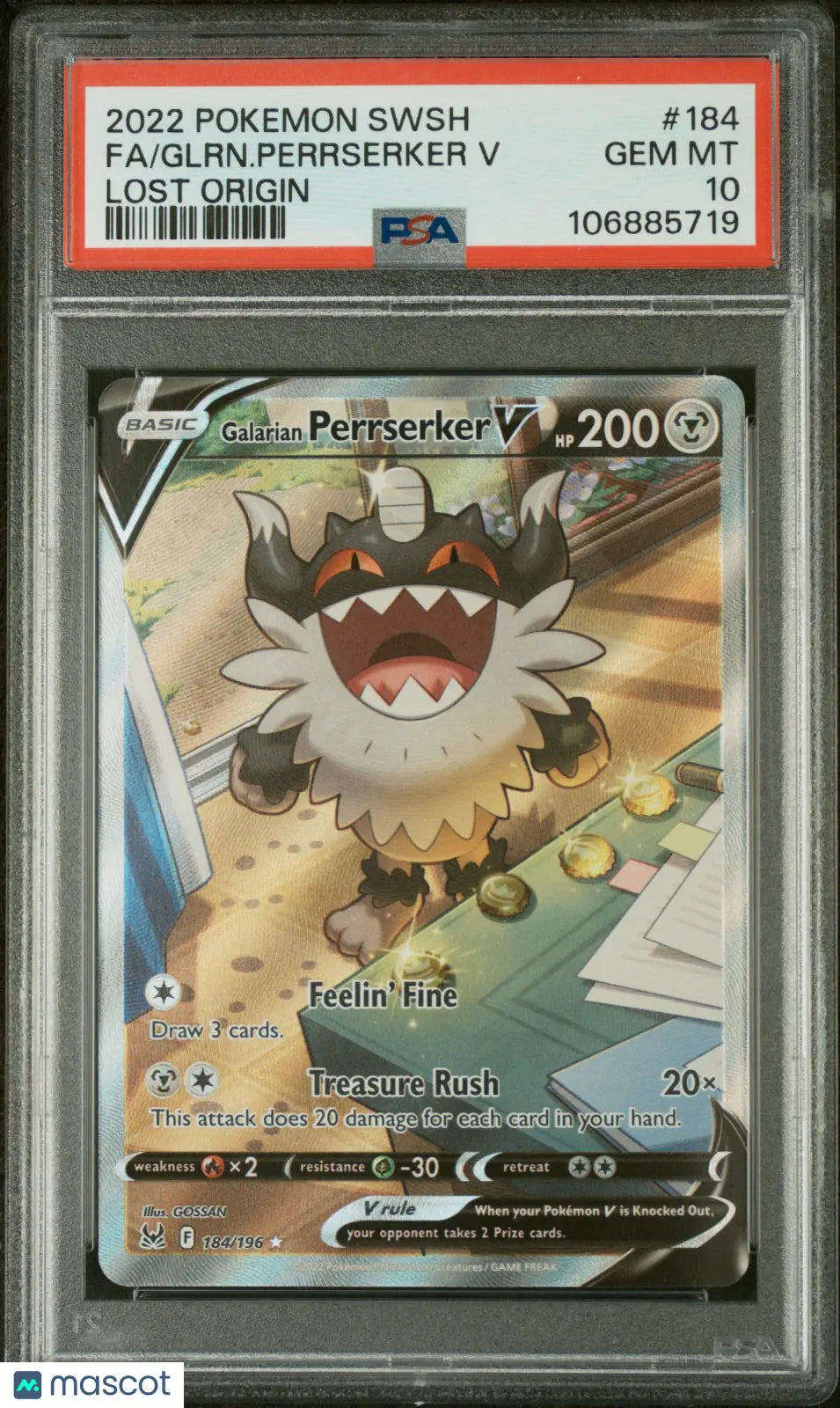 2022 Pokemon SWSH Galarian Perrserker V FA Lost Origin PSA 10 184/196 - Rare Trading Card for Collectors & Competitive Play