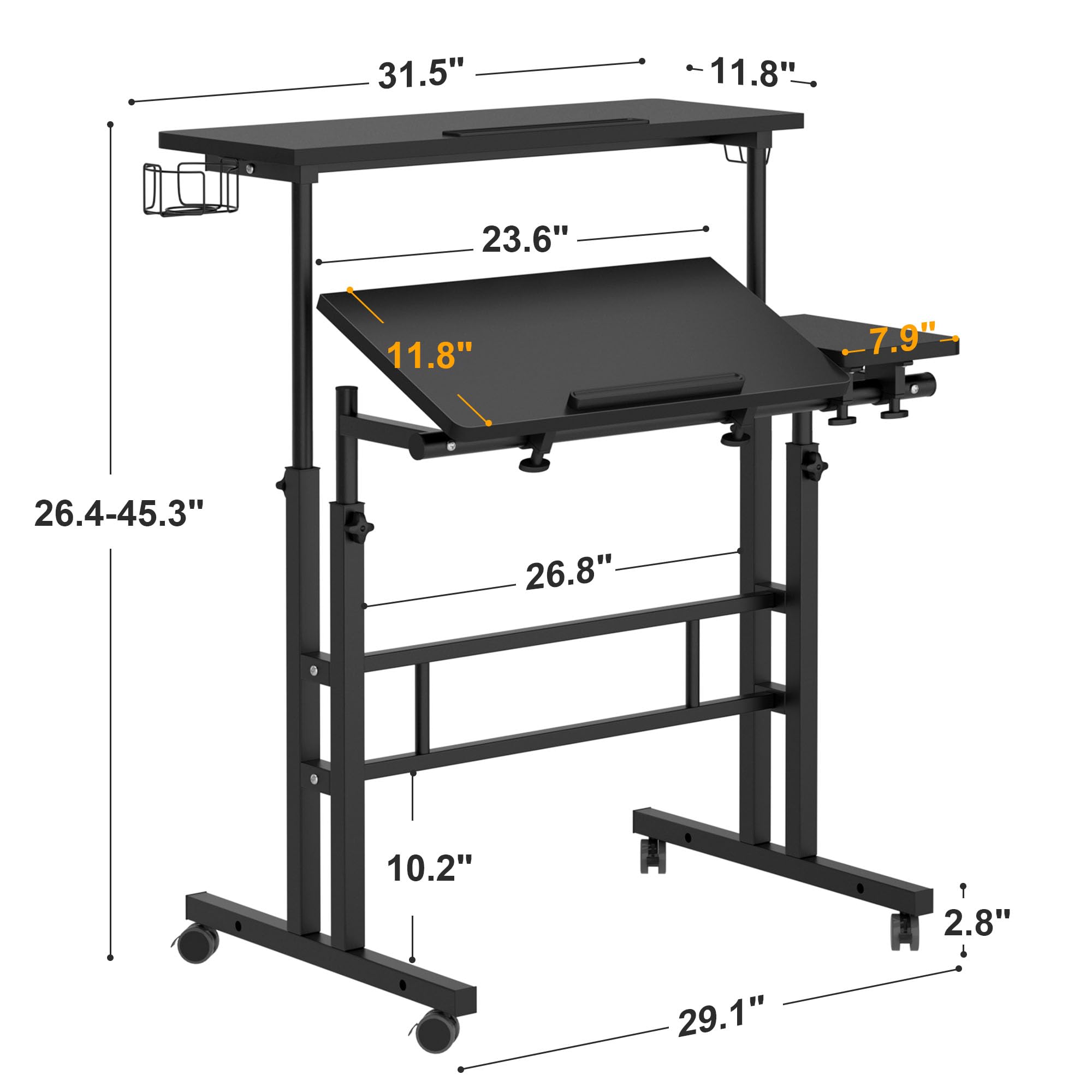 SogesPower Adjustable Laptop Stand for Bed & Sofa - 2-Tier Mobile Standing Desk with Cup Holder & Hooks - Portable Computer Table for Home Office, Dorm Room & Small Spaces (Black)