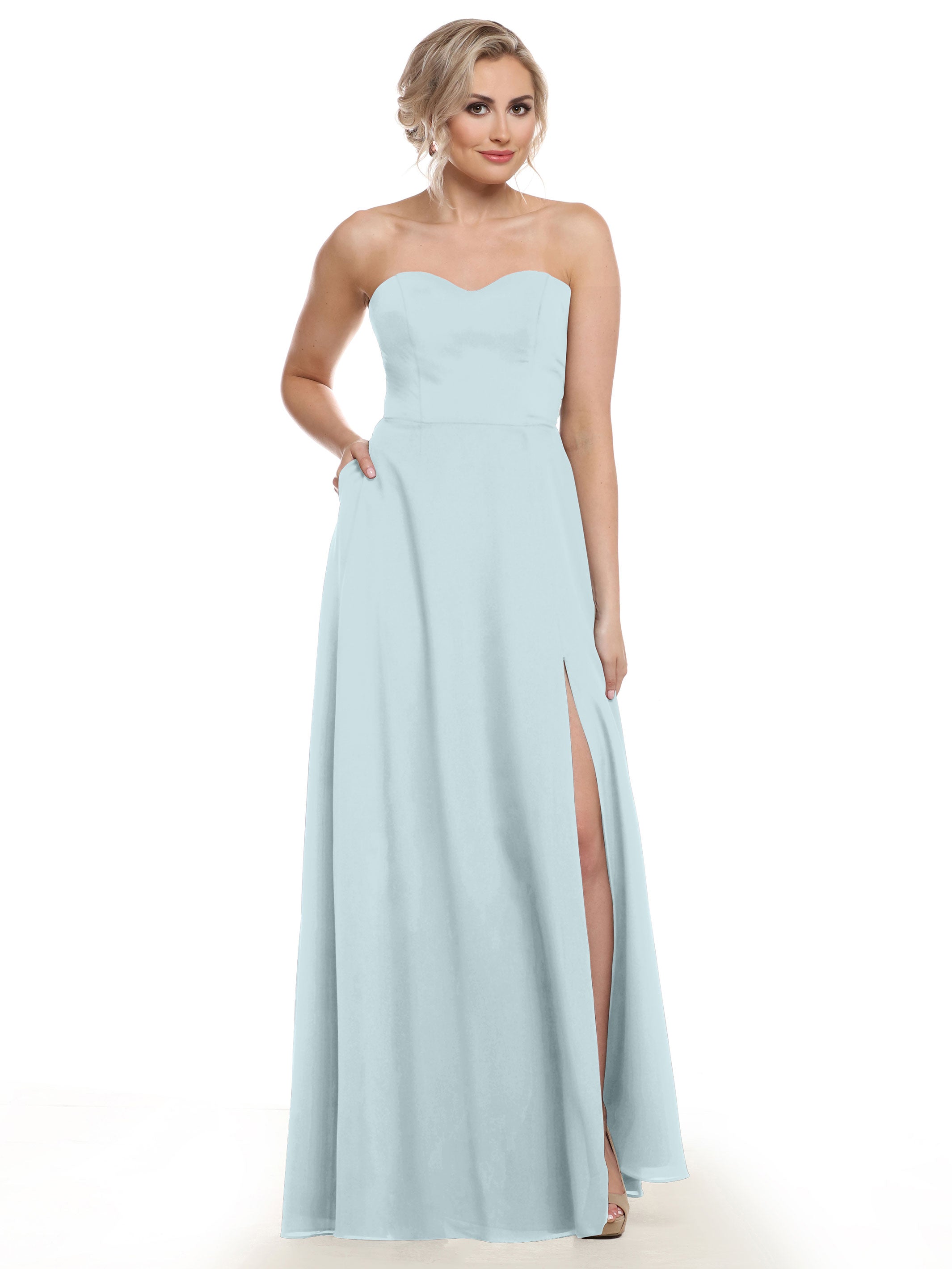 Strapless Stretch Chiffon A-Line Bridesmaid Dress with Pockets & Side Slit - Elegant Formal Wedding Party Gown for Bridesmaids, Evening Events & Special Occasions