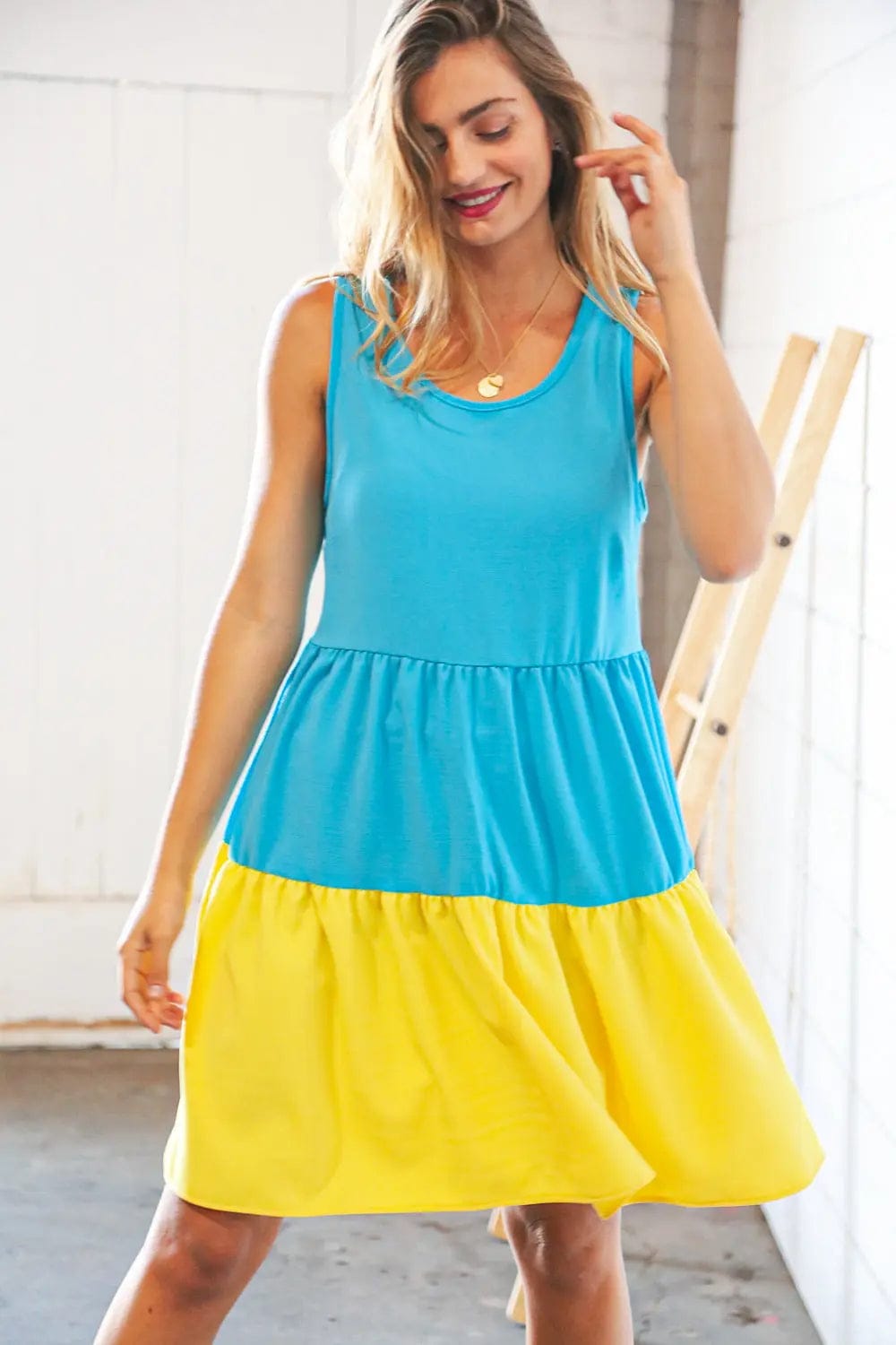 Blue Flare Color Block Tiered Woven Dress for Women - Summer Boho Maxi Dress with Pockets, Beach Wedding Guest Outfit, Vacation & Party Wear