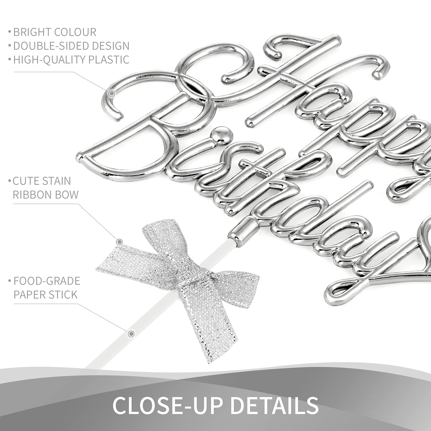 3D Silver Happy Birthday Cake Topper - Double Sided Cursive Sign with Bow for Birthday Cake Decoration | Perfect for Birthday Parties, Photo Booths & Celebrations (SILVER)