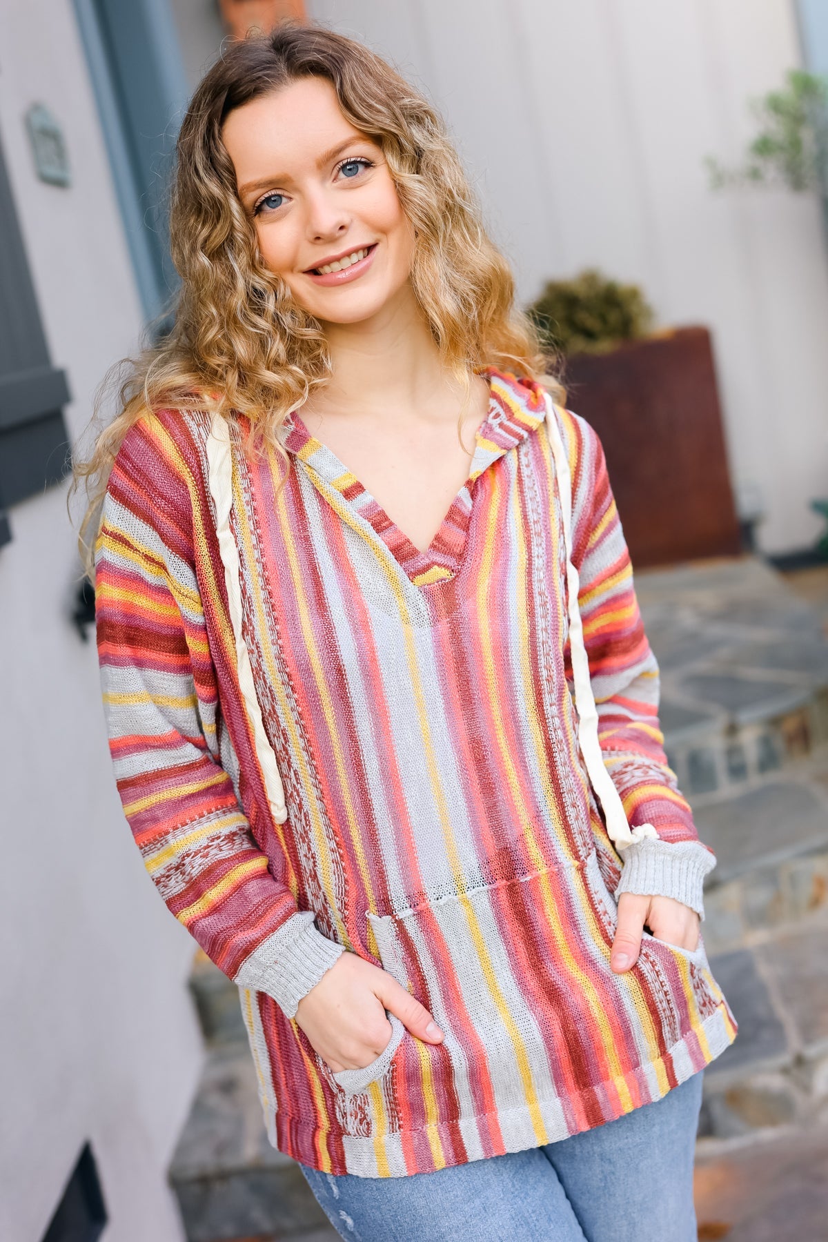 Be Bold Coral & Sienna Stripe Pullover Hoodie with Notched Neck | Women's Casual Sweatshirt for Fall Fashion, Streetwear & Cozy Loungewear