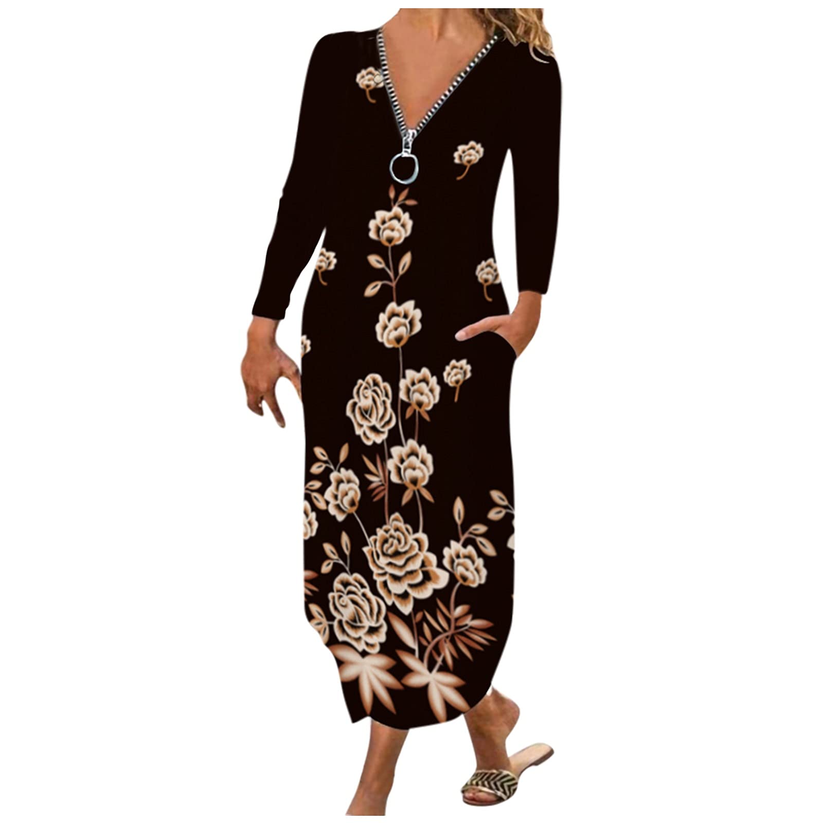 Xiloccer Women's Sexy V-Neck Zipper Print Dress - 1950s Retro Style Fall Sundress, Plus Size Formal Dress for Evening Parties, Date Nights & Special Occasions