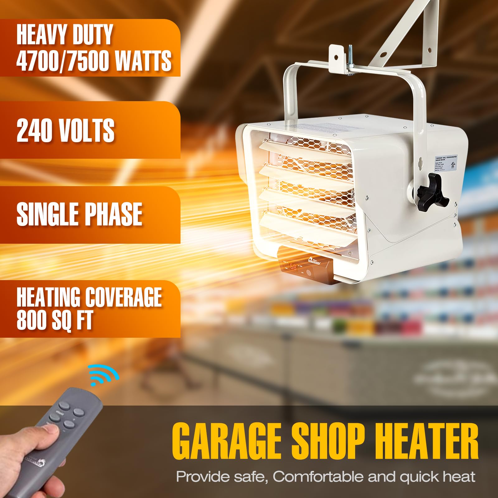DR. INFRARED HEATER DR-975 7500W 240V Hardwired Shop Garage Heater - Wall/Ceiling Mount Electric Heater with Remote Thermostat, White - Perfect for Warehouses, Workshops & Large Spaces