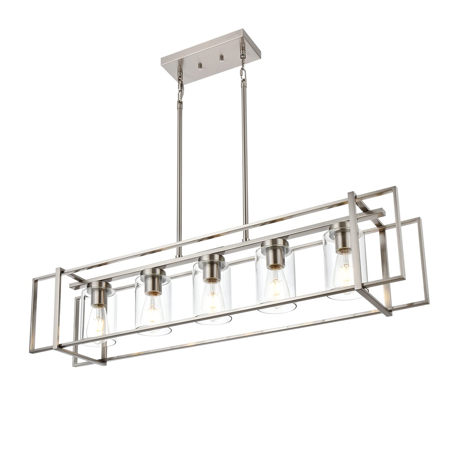 5-Light Brushed Nickel Industrial Chandelier - Farmhouse Rectangular Pendant Light Fixture with Clear Glass Shades for Kitchen Island & Dining Room Lighting | Perfect for Rustic, Modern & Vintage Home Decor