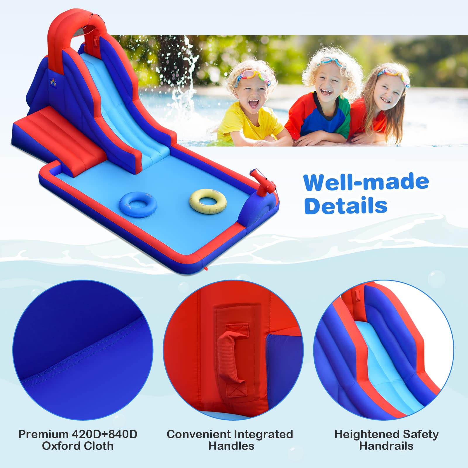 BOUNTECH Inflatable Water Slide for Kids - Outdoor Surfing Waterslide Bouncer Park with Large Splash Pool & 2 Swimming Rings - Fun Backyard Water Slides for Boys and Girls - Perfect for Summer Parties, Birthday Gifts & Outdoor Family Activities
