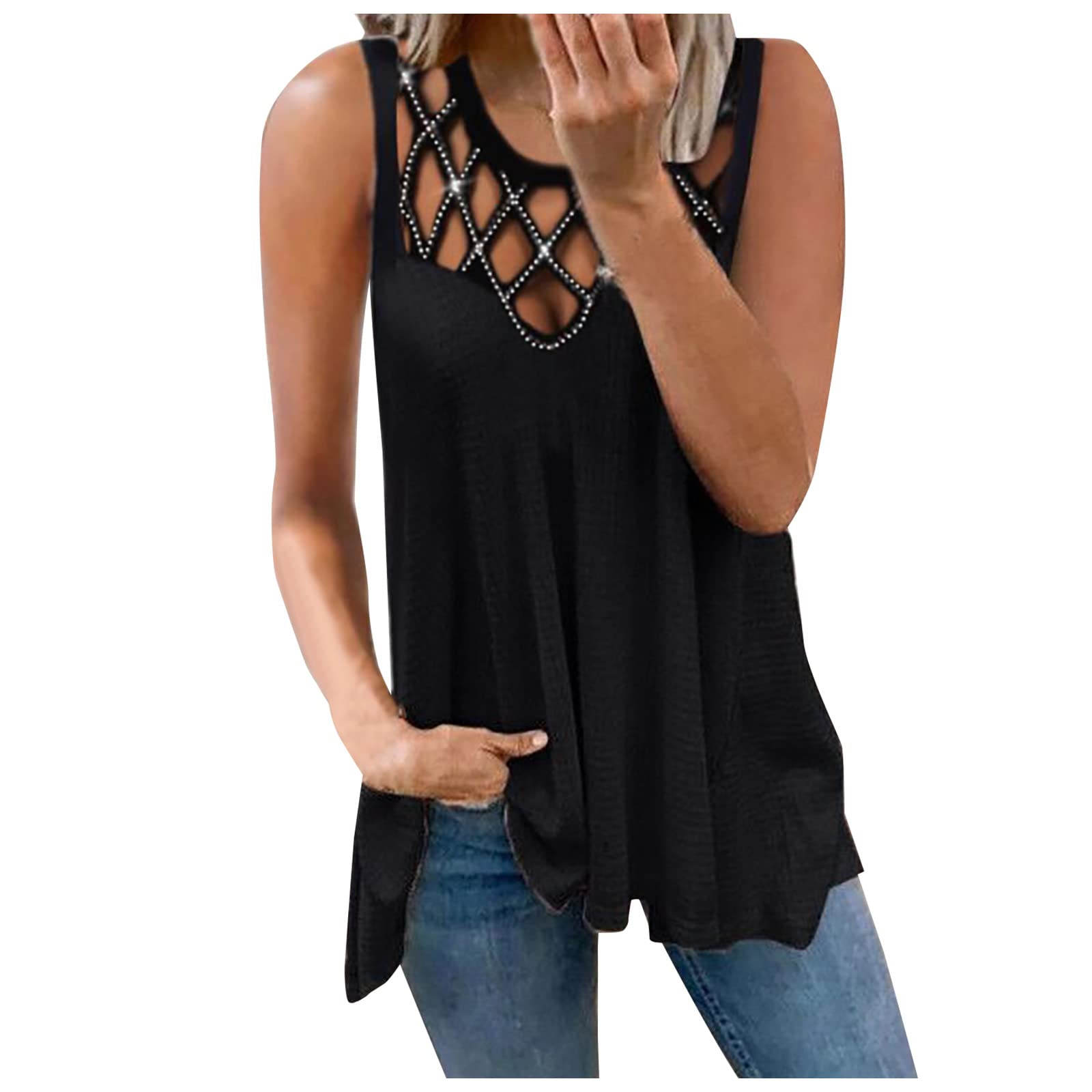 BISXOTY Plus Size Women's Casual Flowy Hollow Out Crew Neck Vest T-Shirt - Breathable Workout & Going Out Tops for Women | Perfect for Yoga, Gym, Summer Outfits & Daily Wear