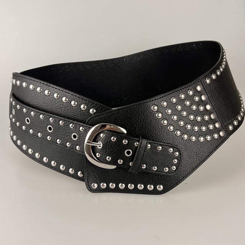 Vintage Faux Leather Wide Belt with Rivet Pin Buckle - Stylish Waist Cincher for Women's Retro Outfits, 80s Costume & Boho Fashion Accessories