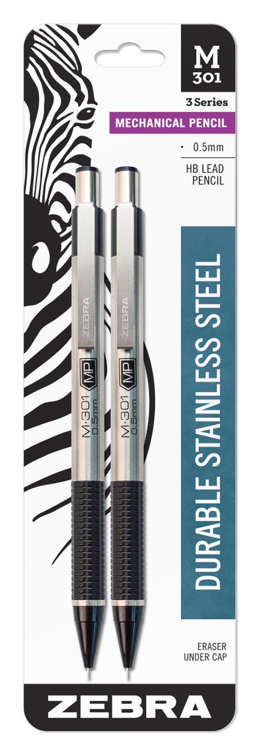 Zebra M-301 Stainless Steel Mechanical Pencil 0.5mm Fine Point - 2 Pack (Model 54012) for School, Office & Drafting - Smooth Writing for Notes, Sketches & Technical Drawings