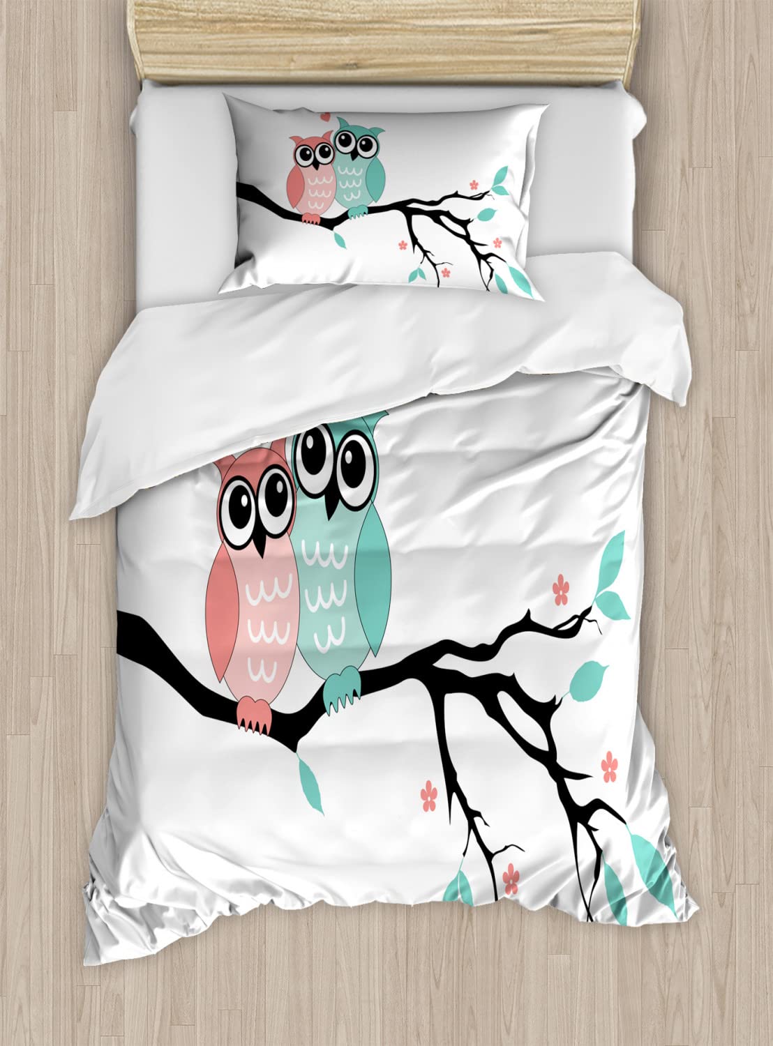 Ambesonne Teal and White Owl Couple Duvet Cover Set - Valentine's Romance Love Bedding with 2 Duvet Covers & 2 Pillowcases - Twin Size 2-Pack - Perfect for Couples Bedroom Decor & Valentine's Day Gifts