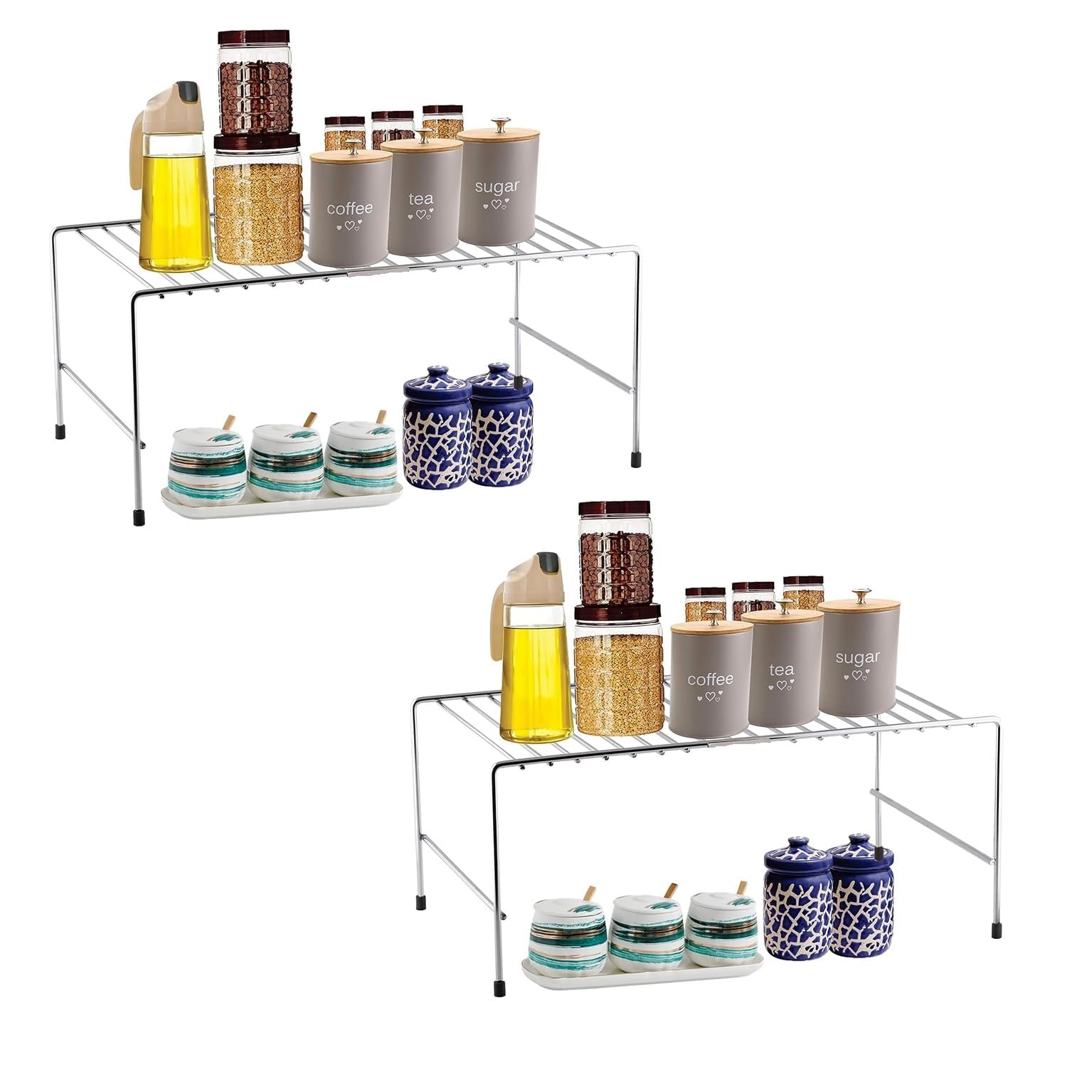NH10 DESIGNS Stainless Steel Expandable Dish Rack & Storage Shelf - Stackable, Adjustable Kitchen Organizer for Cabinets & Countertops (2-Pack) - Perfect for Small Spaces, Dish Drying & Utensil Storage
