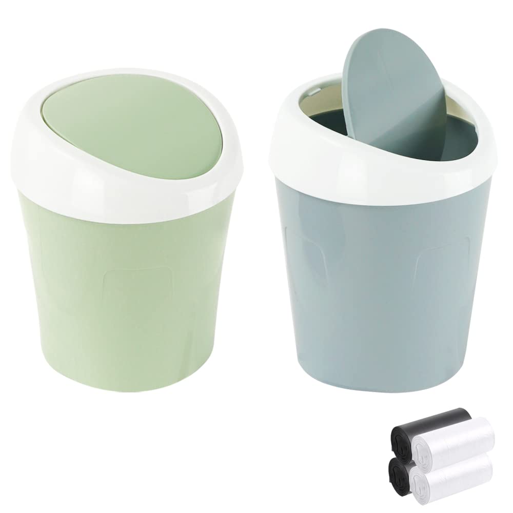 2PCS Mini Plastic Waste Baskets with Swing Lid & 4 Bin Liners - Compact Bathroom Trash Can for Home, Office, Vanity, Bedroom - 10.5x10.5x16.5cm (Green & Blue) | Perfect for Small Spaces, Makeup Organization & Desk Use