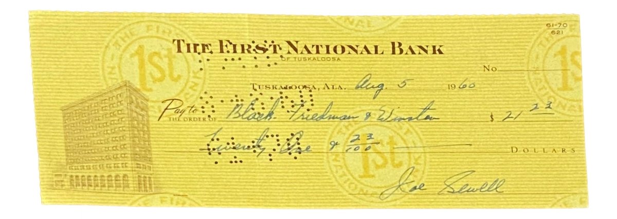 Joe Sewell Cleveland Indians Autographed Signed Bank Check Dated August 5, 1960 - Rare Baseball Memorabilia for Collectors & Sports Fans Display