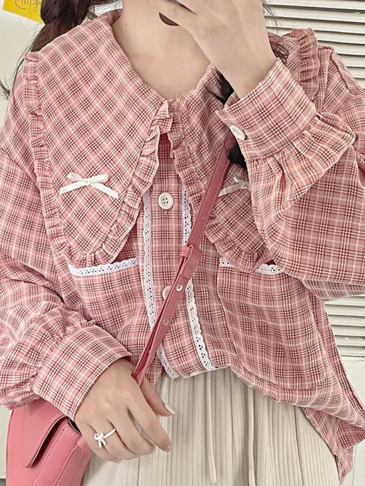 Japanese Kawaii 3-Piece Women's Outfit - Elegant Bow Midi Skirt Suit Set in Pink Plaid | Korean Fashion Style for Parties, Dating & Autumn 2024 | Perfect for Office Wear, Tea Dates & Special Occasions