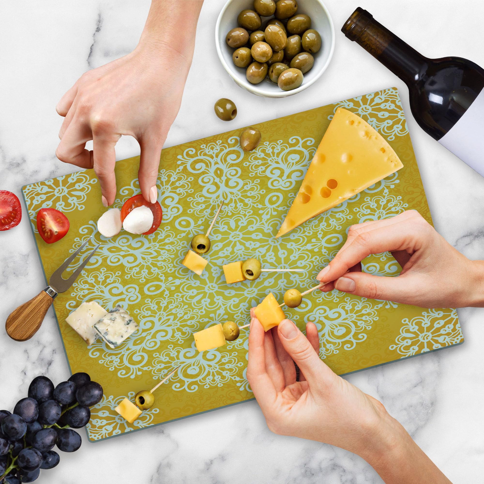 Ambesonne Yellow Glass Cutting Board - Floral Tribal Design for Kitchen & Serving