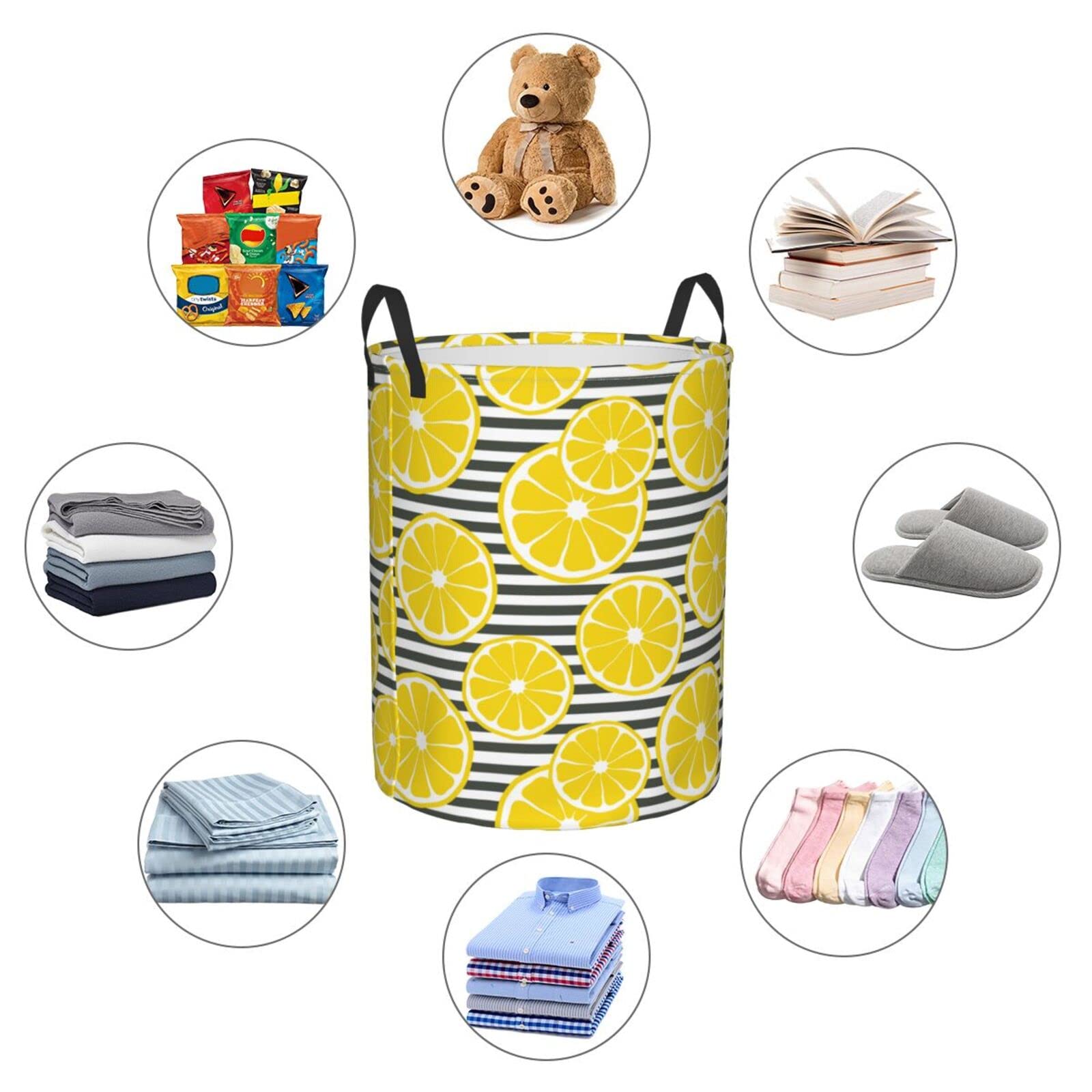 Collapsible Laundry Basket with Handle - Waterproof Fabric Hamper for Dirty Clothes, Toys & Storage | Large Striped Organizer Bin for Bathroom, Bedroom & Laundry Room | Lemon Slice Black Design