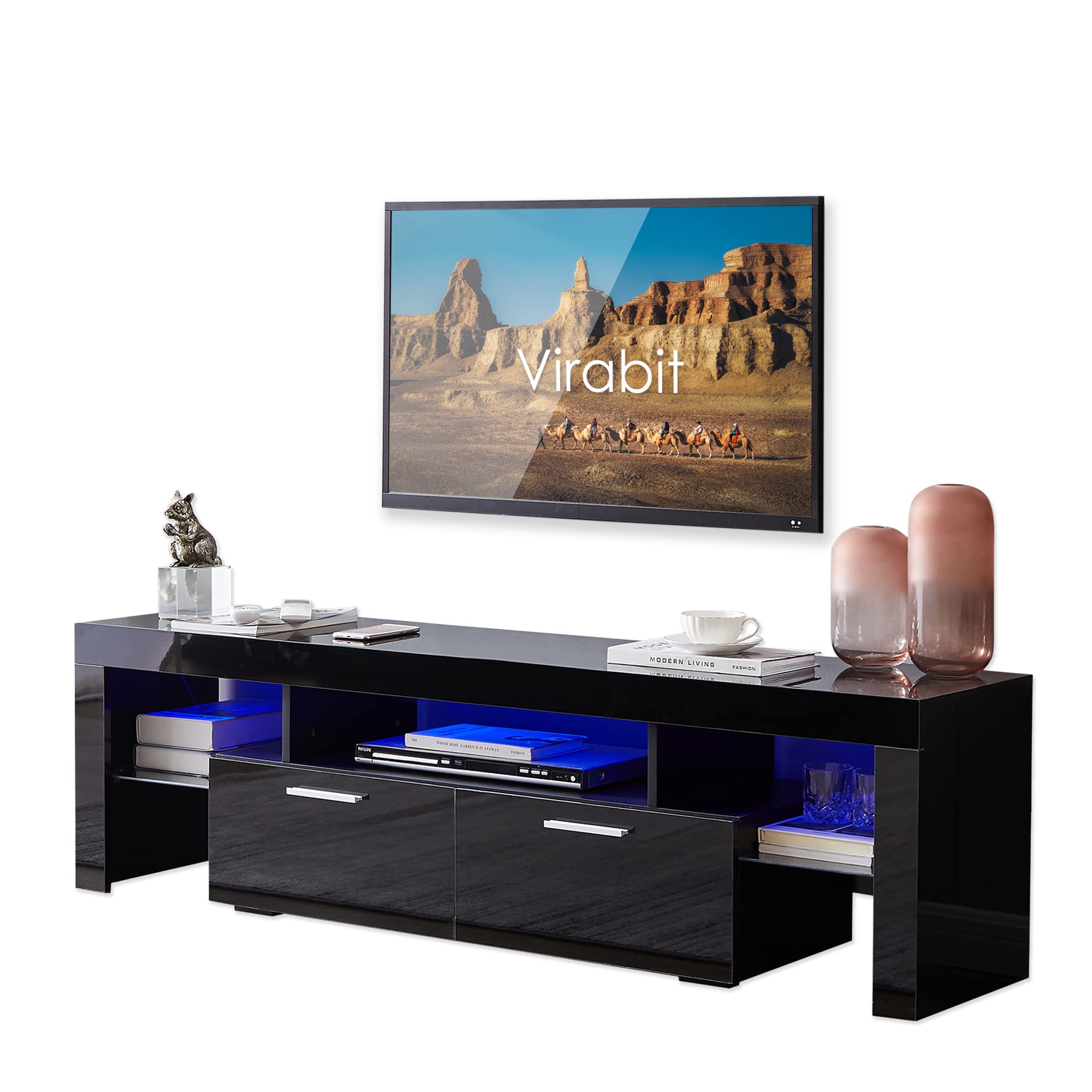 Virabit Black LED TV Stand for 55/65/70 inch TVs - Universal TV Console with Large Storage Space - Modern Entertainment Center for Living Room & Bedroom - Perfect for Movie Nights & Home Theater Setup