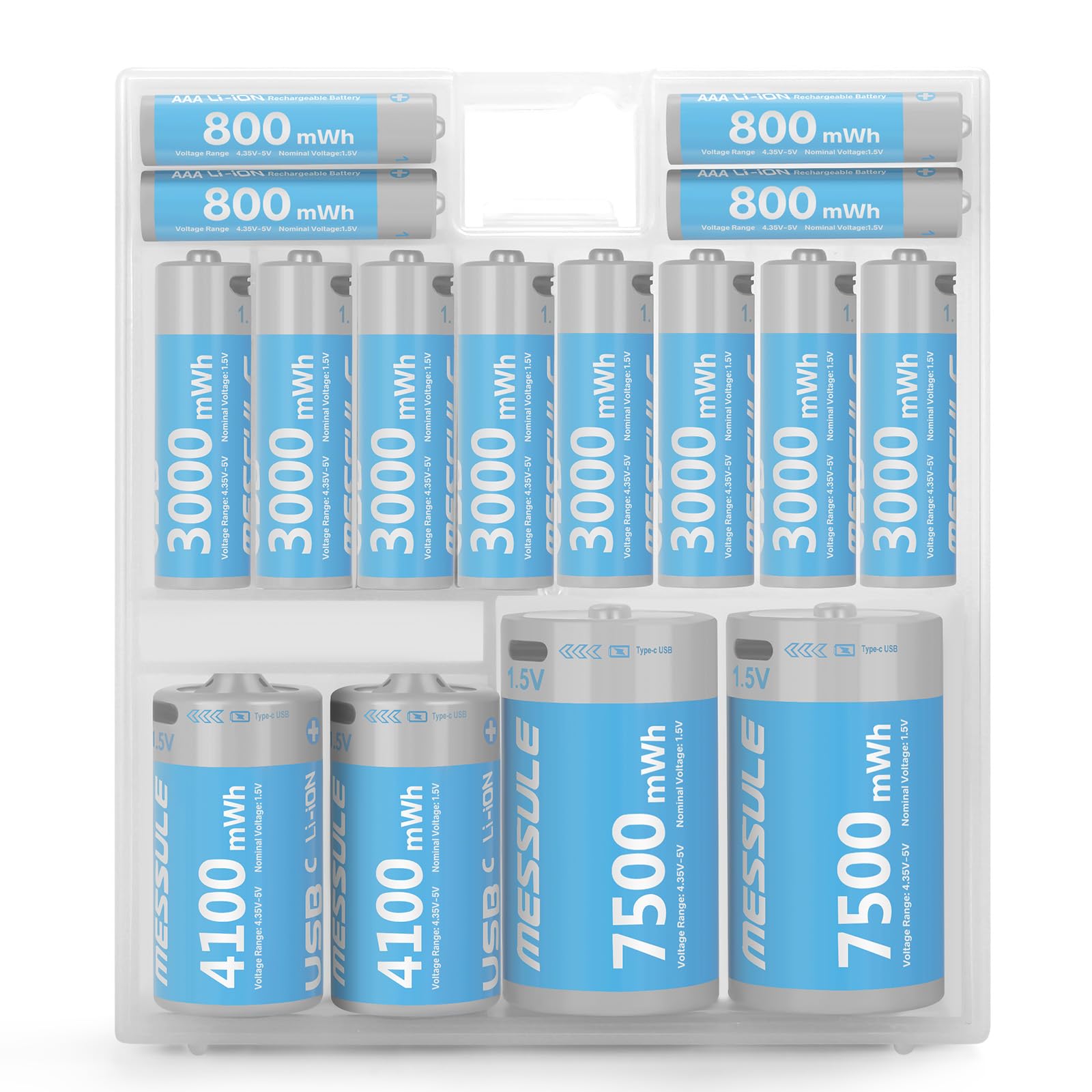 Premium Rechargeable AA AAA C D Batteries Combo Pack - 8 AA + 4 AAA + 2 C + 2 D Batteries with 4-in-1 Charging Cables | Long-Lasting Power for Cameras, Flashlights, Toys & Electronics | Eco-Friendly Lithium Batteries for Home & Office Use