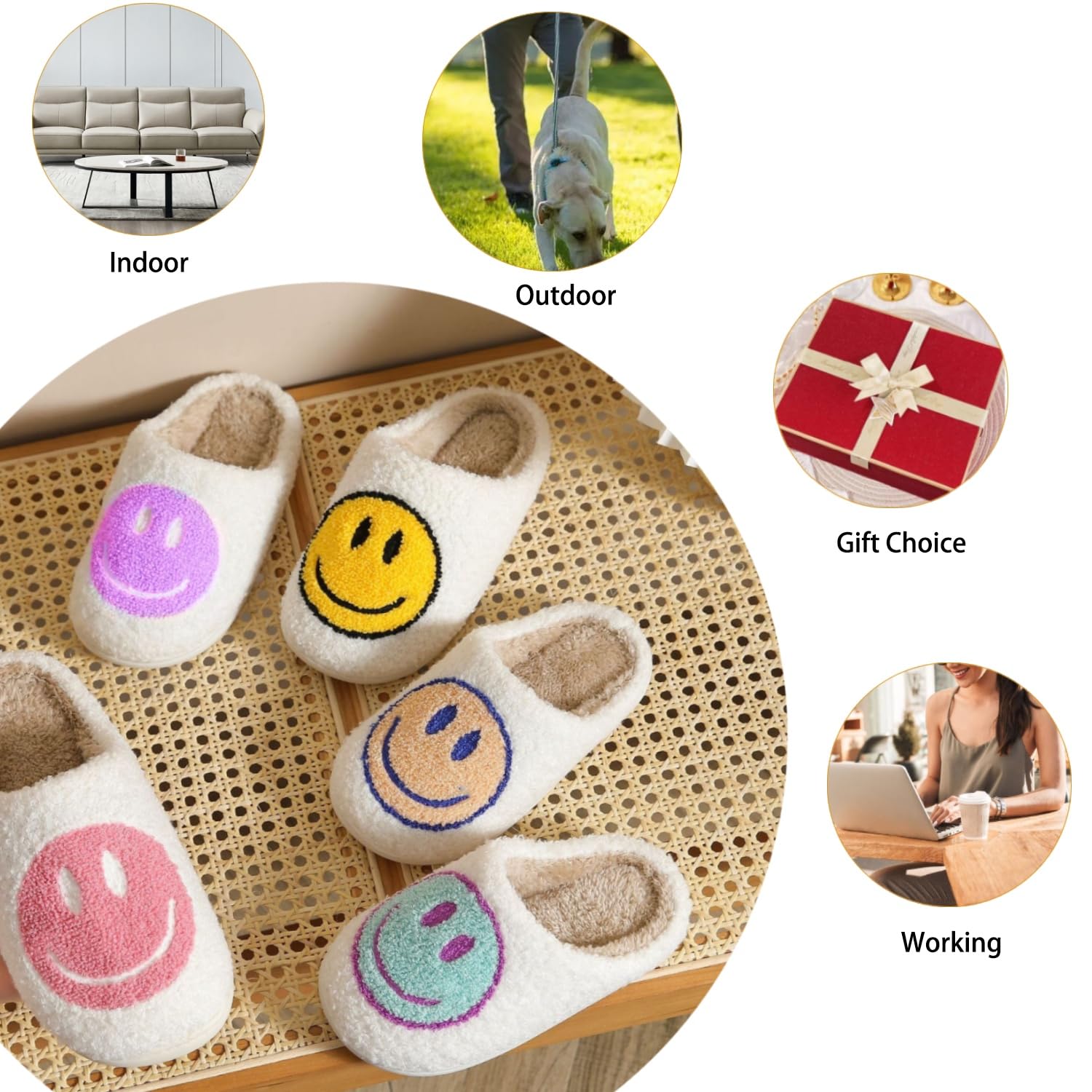 **Memory Foam House Slippers for Women & Men - Cozy Fuzzy Plush Indoor/Outdoor Slip-On Shoes with Retro Happy Face Design - Perfect for Home, Lounge & Casual Wear**