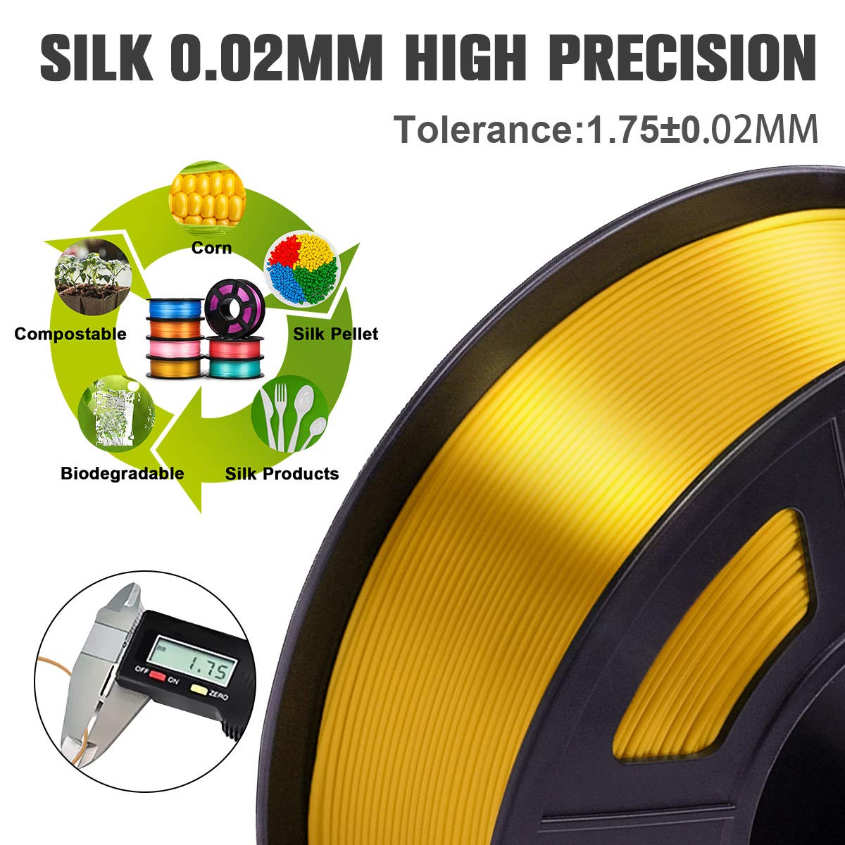 SUNLU Silk PLA Filament 1.75mm for 3D Printing - Premium Shiny PLA Filament with +/- 0.02mm Accuracy, 1kg Spool (2.2lbs), 330 Meters, Silky Gold - Perfect for Cosplay Props, Home Decor & DIY Craft Projects