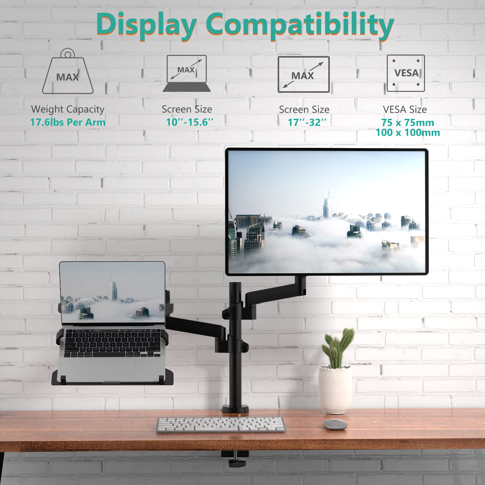 WALI Gas Spring Monitor & Laptop Mount Stand - Adjustable Arm for 15.6