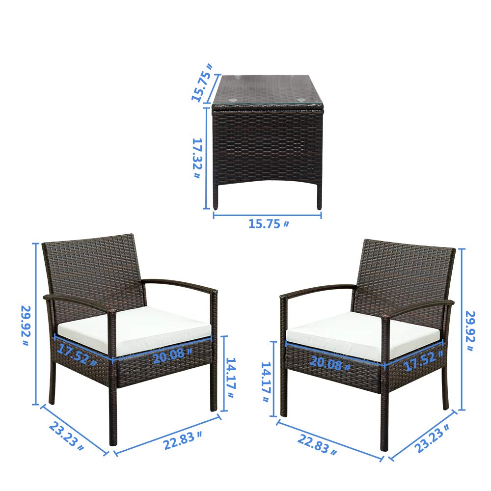 3-Piece Wicker Patio Furniture Set - PE Rattan Outdoor Conversation Set with Glass Table & Cushions for Patio, Balcony, Porch (Brown Gradient & White) - Perfect for Backyard Relaxation, Garden Parties & Outdoor Entertaining