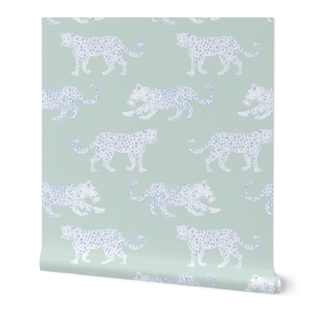 Peel & Stick Removable Wallpaper 9ft x 2ft - White Light Blue Sage Spots Animal Leopard Print Soft Green Custom Wallpaper by Spoonflower | Perfect for Nursery, Bedroom, Office & Home Decor