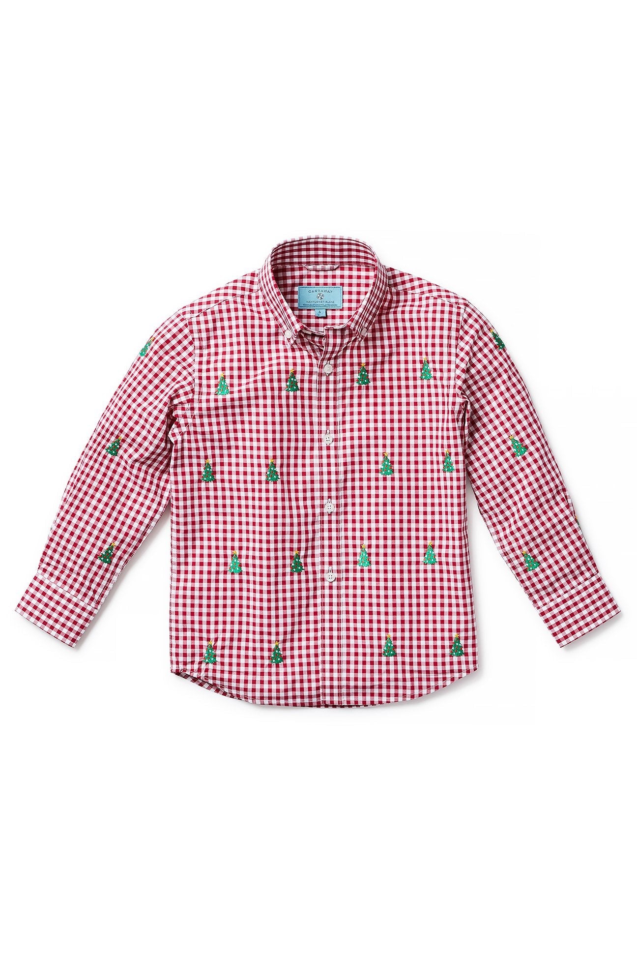 Boys' James Shirt - Red Wide Gingham Check with Christmas Tree Design - Perfect for Holiday Parties & Family Photos