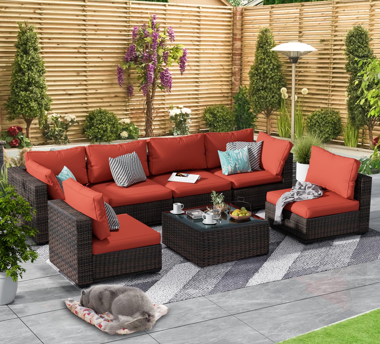 Grezone 7-Piece Outdoor Sectional Sofa Set with High Backrest - All-Weather PE Rattan Patio Furniture with Coffee Table, Cushions & Black Glass Table (Red) - Perfect for Backyard, Garden, Poolside & Outdoor Entertaining