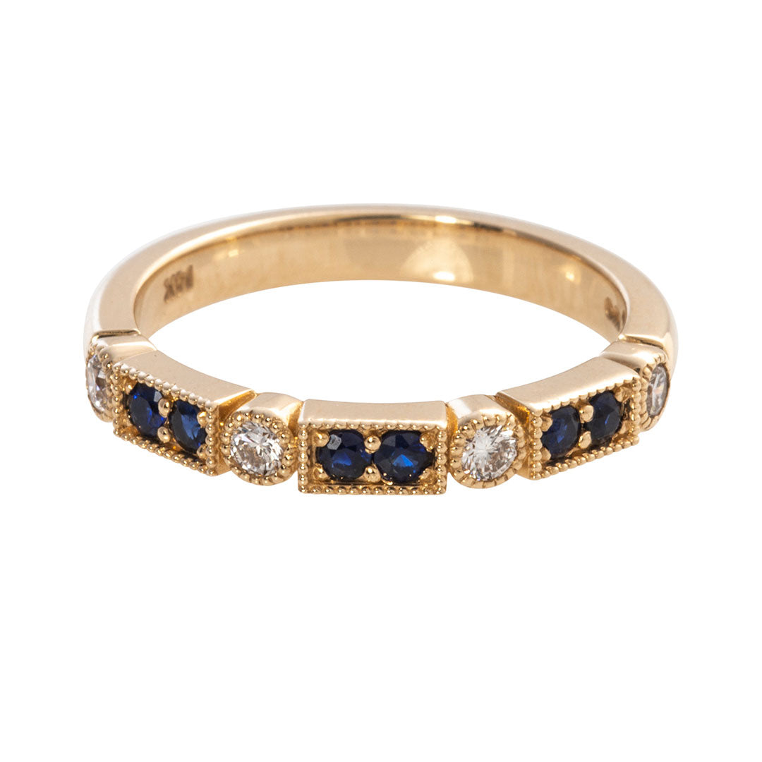 14K Yellow Gold Sapphire & Diamond Milgrain Wedding Band - Elegant Stackable Ring for Women, Perfect for Anniversary, Engagement, or Bridal Jewelry Gift