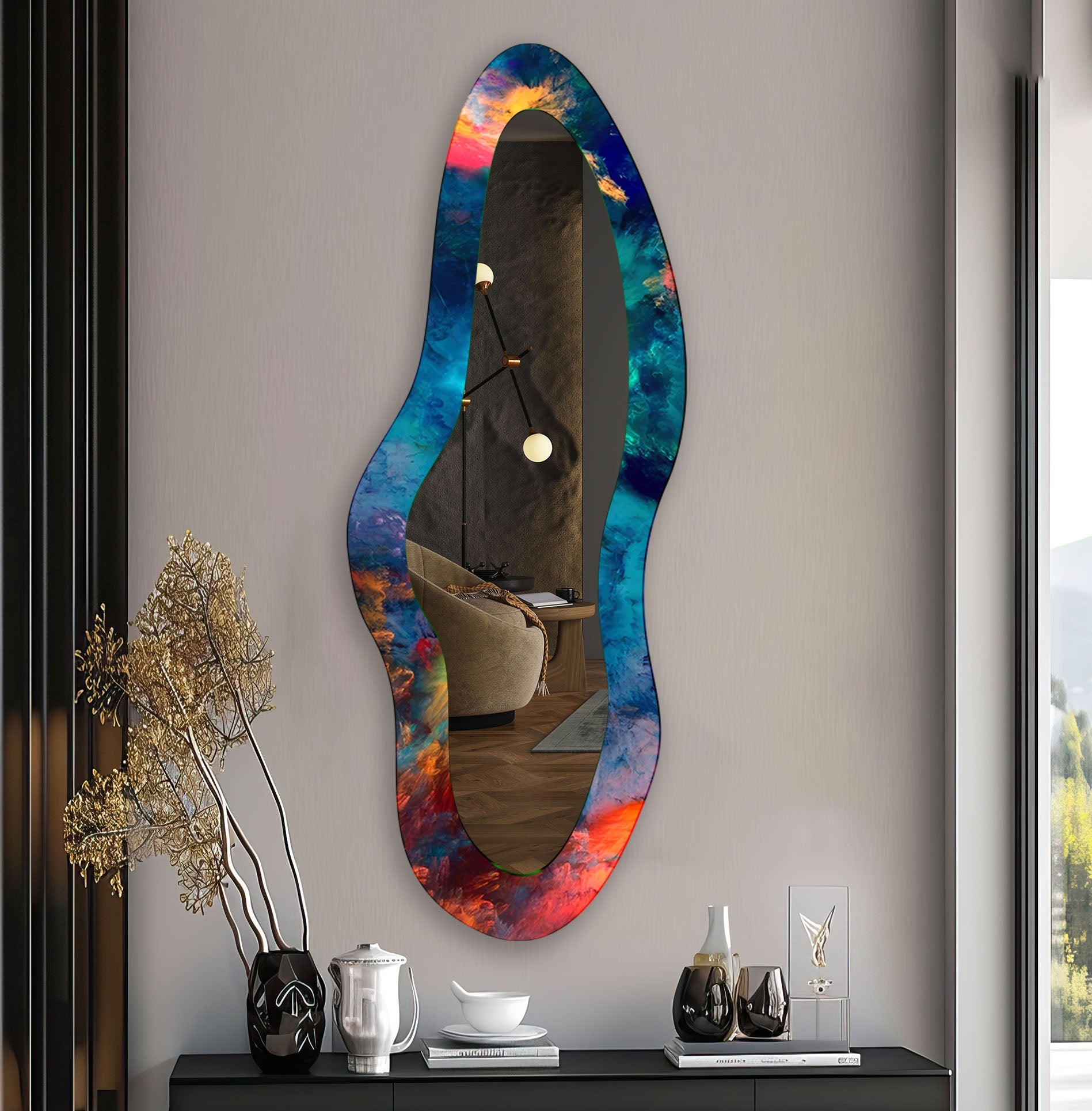 Blue Abstract Modern Glass Wall Mirror - Elegant Home Decor for Living Room, Bedroom & Entryway
