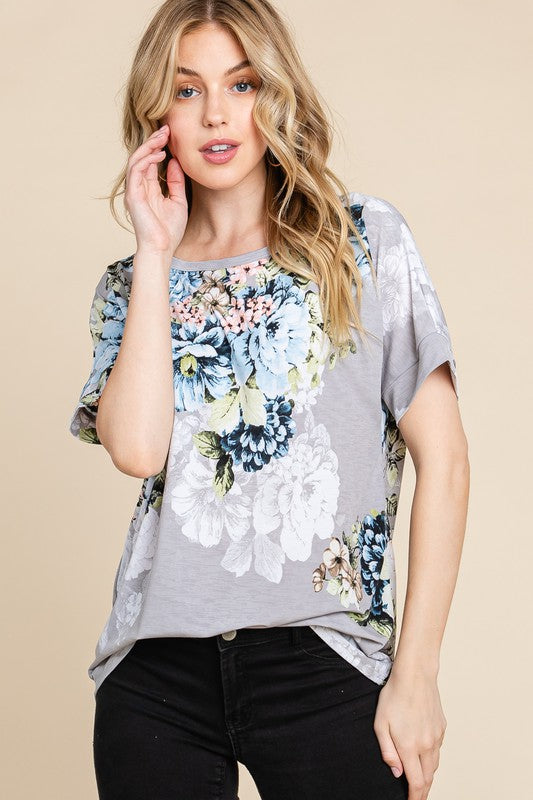 BOMBOM Floral Print Round Neck Short Sleeve T-Shirt for Women - Light Gray Summer Top | Perfect for Casual Outings, Beach Vacations & Date Nights