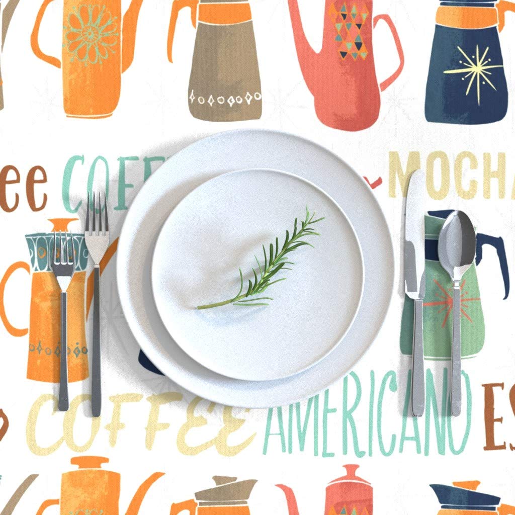 Vintage Coffee Pots Orange Blue Cotton Sateen Tablecloth 70x120 Inches - Mid Century Modern Kitchen Decor, Washable Dining Table Cover for Parties, Restaurants & Home Decor