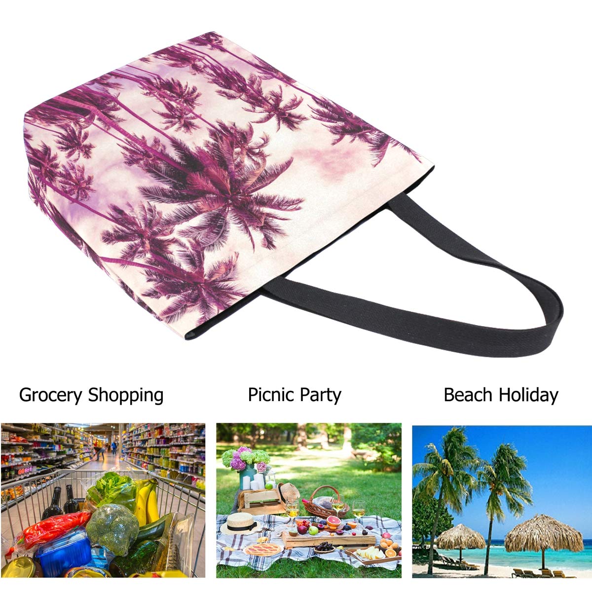 Stylish Extra Large Canvas Tote Bag with Tropical Coconut Palm Trees Print - Reusable Grocery Shopping Bag, Beach Travel & Market Tote - Perfect for Groceries, Picnics, Beach Trips and Daily Errands