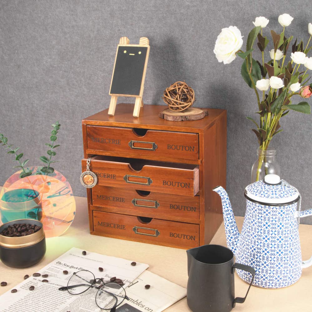 Rustic Wooden Storage Box with 4-Tier Drawers & Labels - Desktop Organizer, Office Desk Accessories Shelf, A6 Clipboard Holder, Small Craft Storage, Apothecary Cabinet & Jewelry Chest for Women | Perfect for Home Office, Craft Room & Bedroom Organization