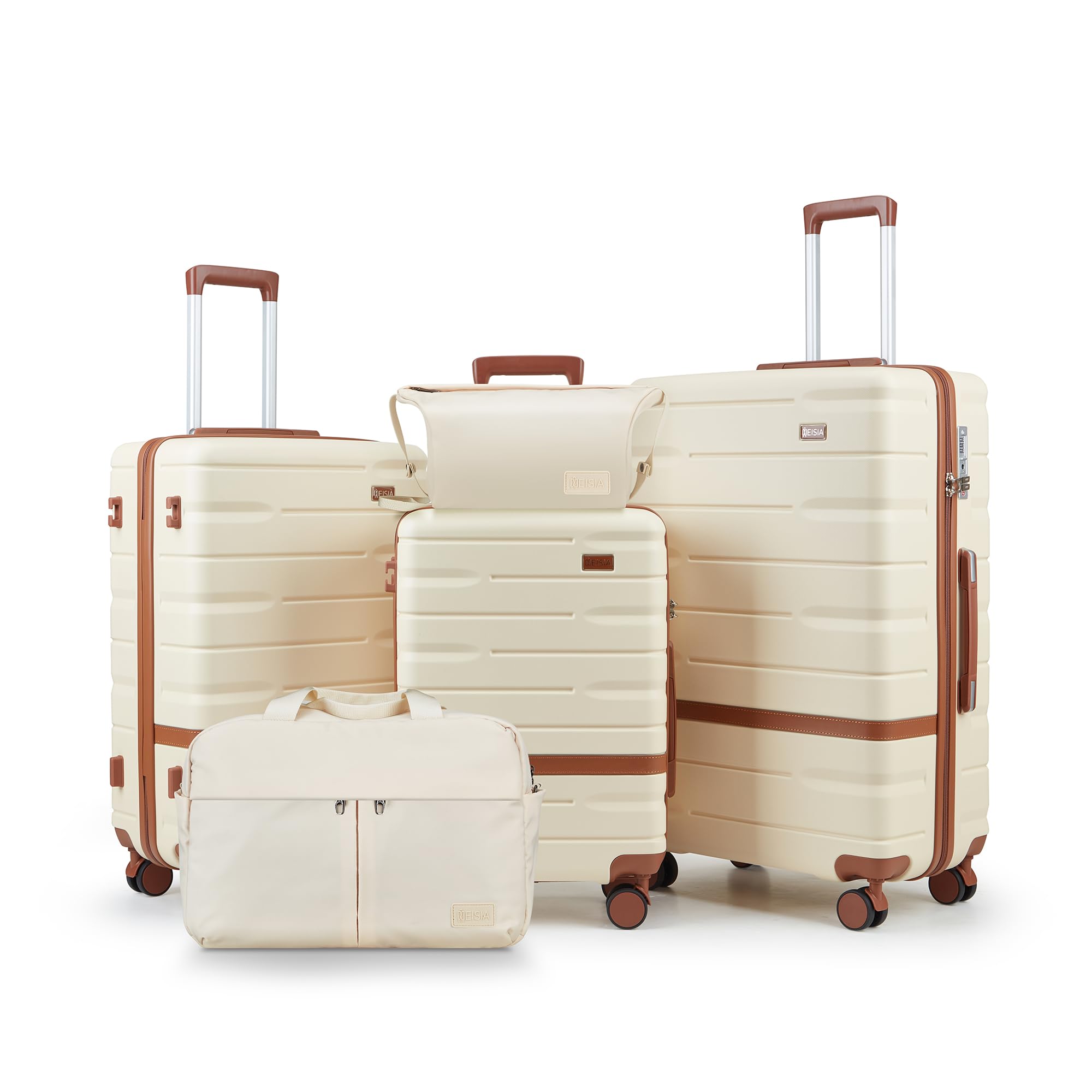 5-Piece Lightweight Hard Shell Luggage Set with Spinner Wheels - Durable PC+ABS Material Carry-On Suitcases for Family Travel & Vacation (Beige) | Perfect for Airplane Trips, Business Travel & Holiday Getaways