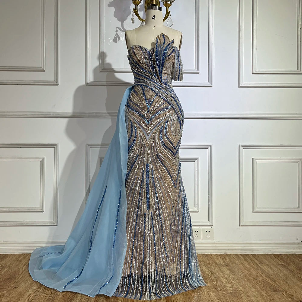 Elegant Arabic Blue One Shoulder Evening Gown with Beaded Side Overskirt - Luxury Dubai Style Women's Party Dress LA72662 for Prom, Gala & Special Occasions