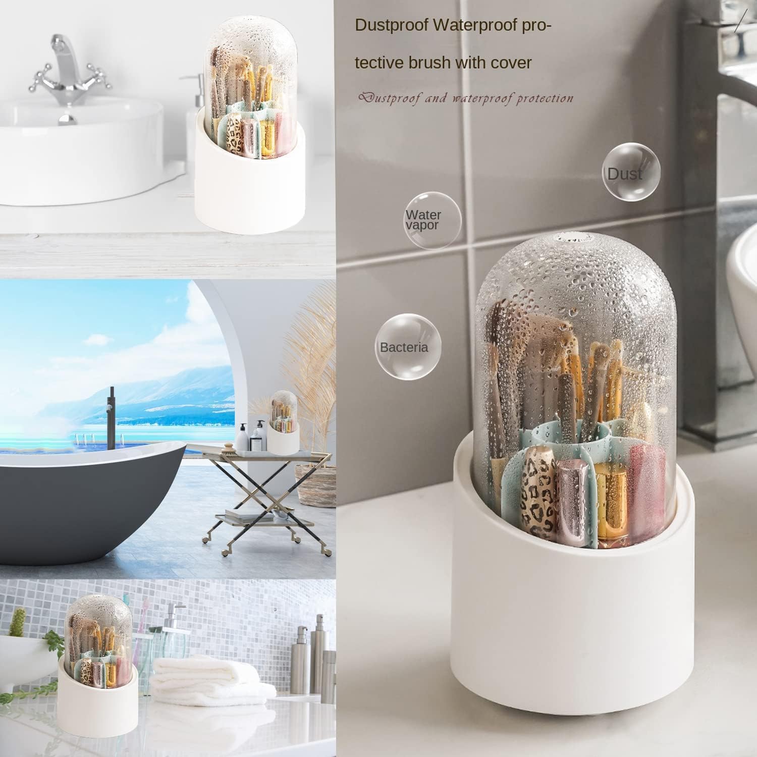Rotating Makeup Brush Holder with Lid - Acrylic Cosmetic Organizer for Desk & Vanity