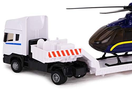 Toyland® Scania Flatbed Hauler with Helicopter - 1:48 Scale Diecast Model Truck Toy - Free Rolling Wheels - Transport Vehicle Collectible - Gift for Boys & Collectors (White Truck/Blue Helicopter) - Perfect for Playtime, Display & Pretend Transport Adventures