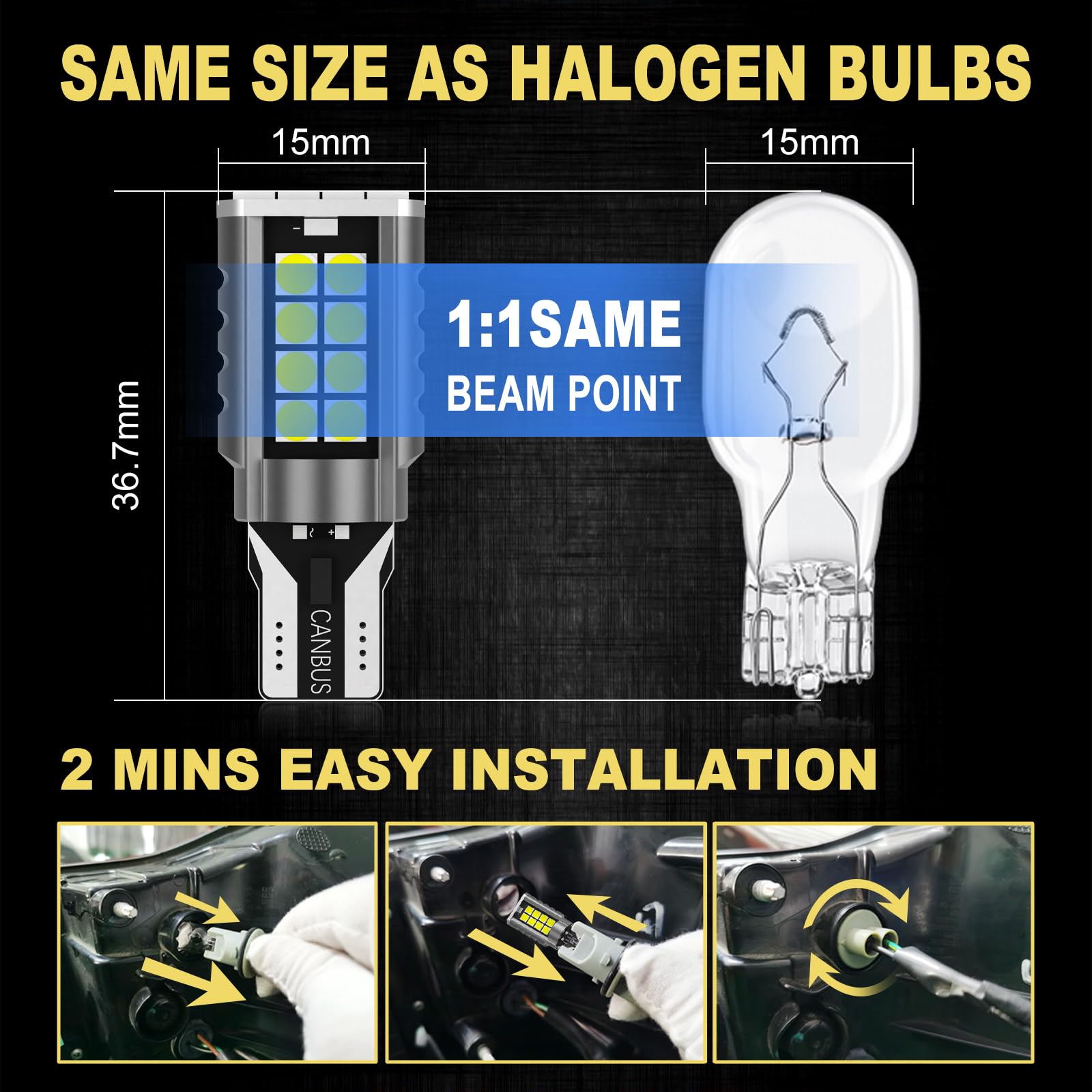 921 LED Bulb Reverse Light - 6000K Xenon White Super Bright T15 W16W Backup Lights - Direct Replacement for 906, 904, 902, 912 (Pack of 2) - Perfect for Trucks, SUVs, and Cars - Enhanced Nighttime Visibility & Safety