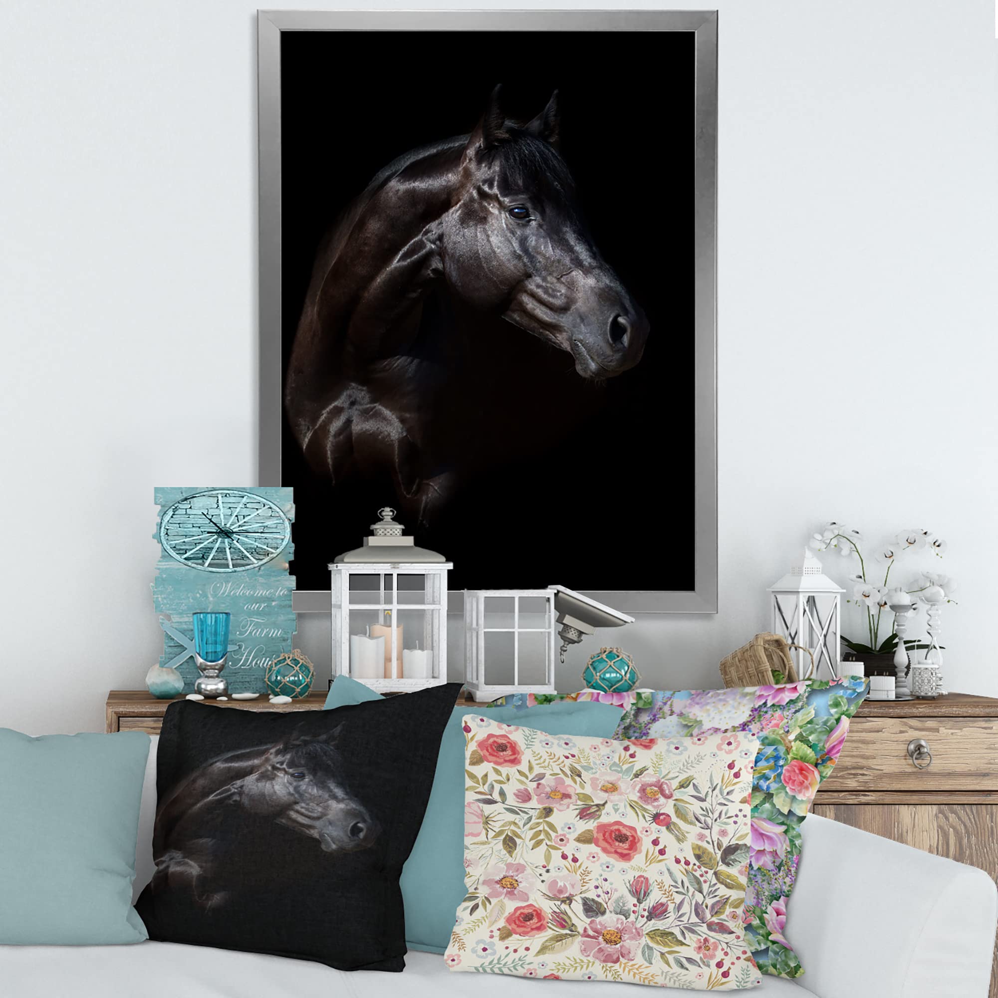Farmhouse Framed Wall Art - Silhouette of Horse and Girl - Rustic Home Decor for Living Room, Bedroom, or Country Style Kitchen