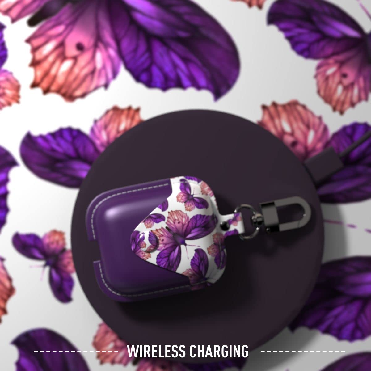 GuarzFun Leather AirPods Case with Clip - Wireless Charging Compatible for Women & Girls (Purple Flower) - Perfect for Work & Travel