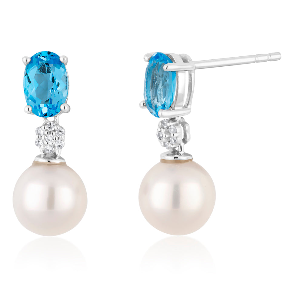 9ct White Gold Pearl & Blue Topaz Earrings with Diamonds - Elegant Dangle Earrings for Women, Perfect for Weddings, Parties & Special Occasions