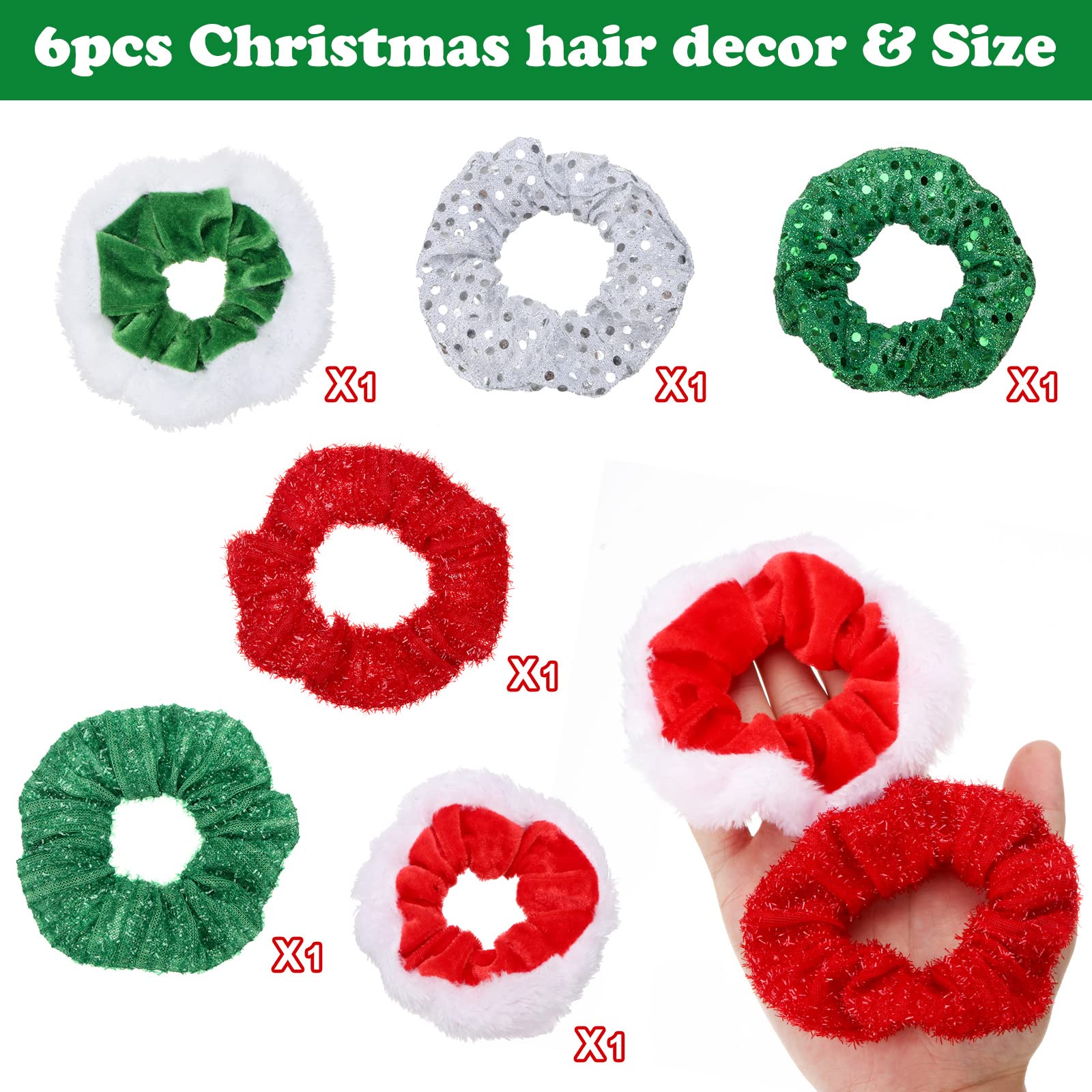 Christmas Hair Scrunchies 5pcs - Cute Glitter Sequin Hair Bands for Girls, Kids & Baby (Green/Red) - Perfect for Holiday Parties, Gifts & Festive Hairstyles