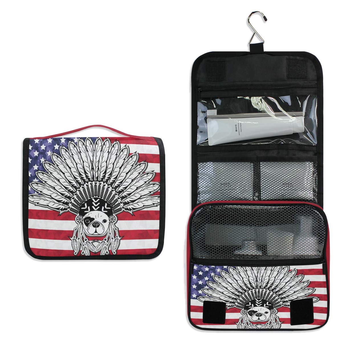 AGONA Hanging Toiletry Bag with French Bulldog & Feathers Design - American Flag Patriotic Travel Cosmetic Organizer for Women, Men & Teens - Waterproof Portable Makeup Bag with Hooks for Bathroom, Camping & Vacation Essentials Storage