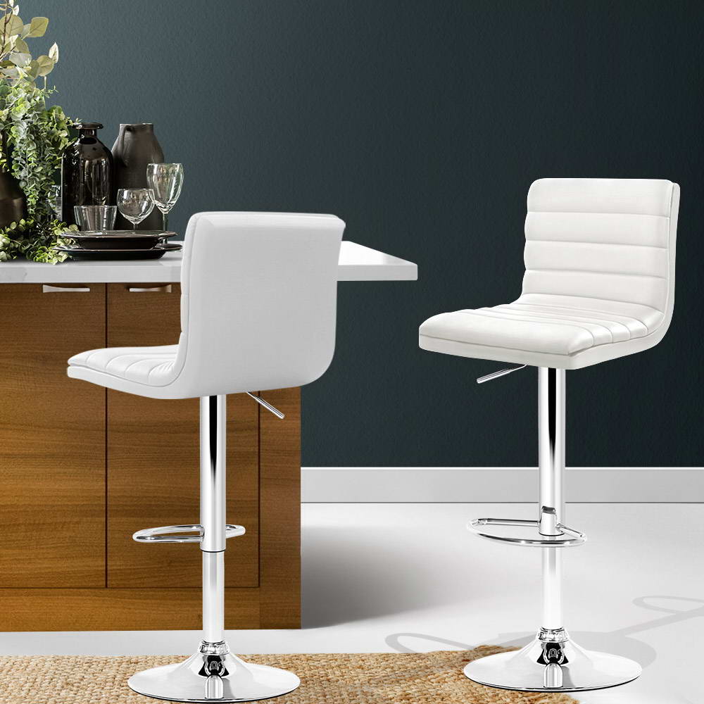 2 Pack Adjustable Height Leather Bar Stools with Padded Seats and Gas Lift Mechanism - White - Perfect for Kitchen Islands, Home Bars, and Dining Areas