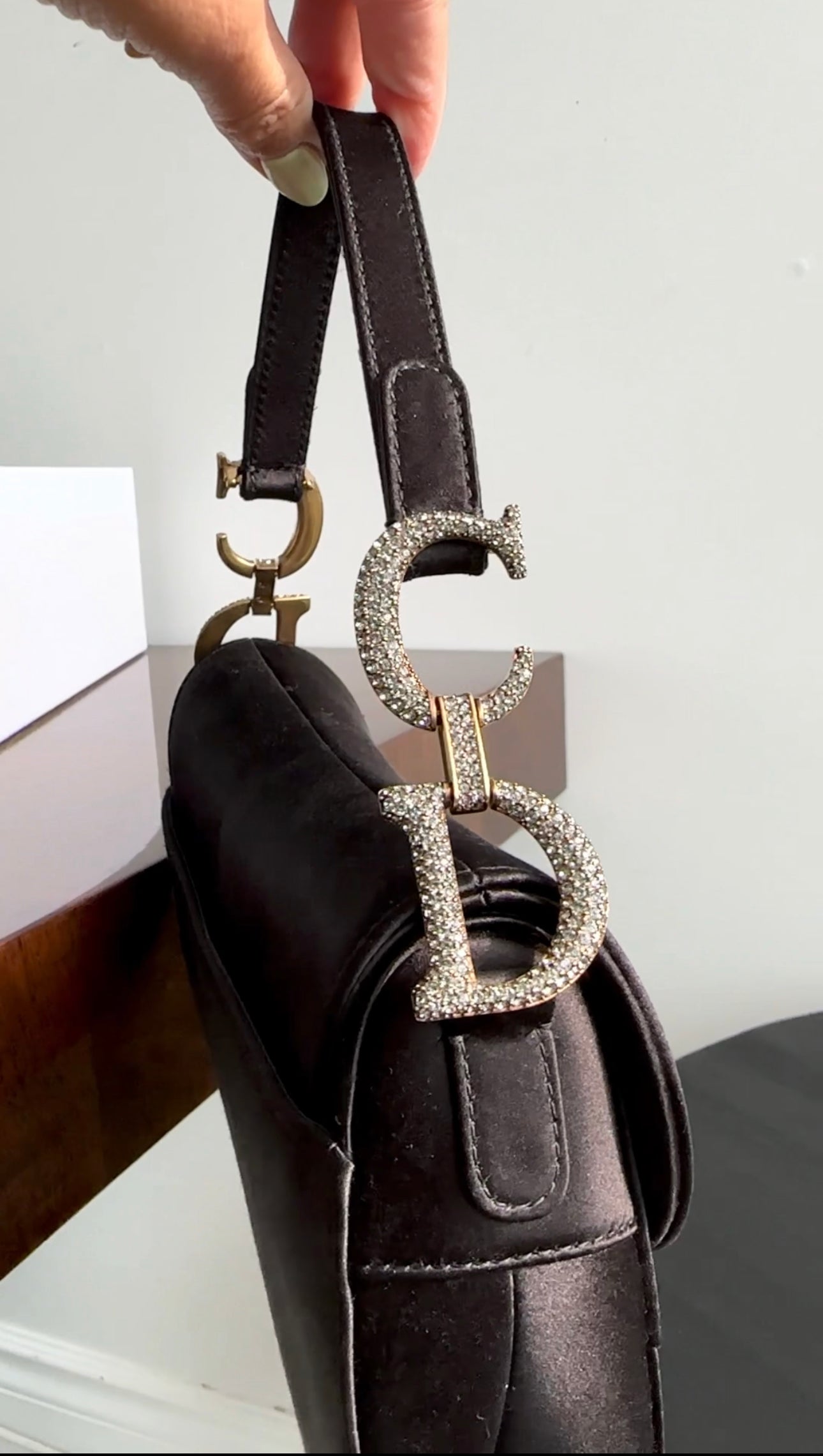 Christian Dior Black Satin Crystal Embellished Mini Saddle Bag - Luxury Crossbody Purse for Women, Perfect for Evening Parties & Special Occasions