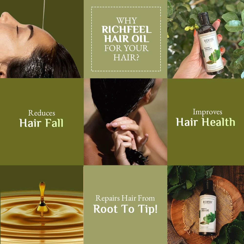 Richfeel Brahmi Jaborandi Hair Oil for Men & Women - Trichologist Developed Formula to Control Hair Fall & Promote Growth | 80ml (Pack of 2) | No Mineral Oils or Silicones | Perfect for Daily Hair Care & Scalp Massage