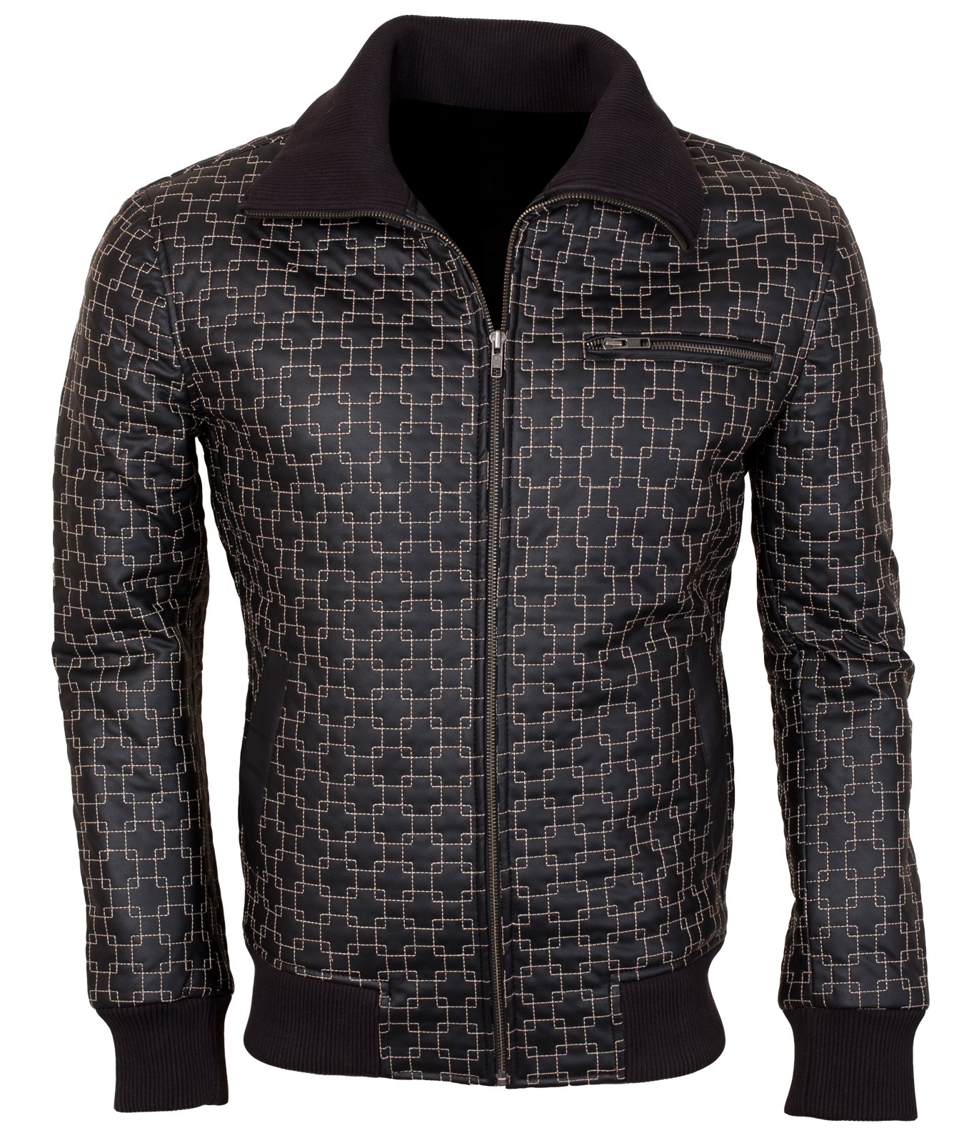 Men's Black Ribbed Collar Synthetic Leather Jacket | Stylish Faux Leather Motorcycle Coat | Perfect for Casual Outings & Night Events